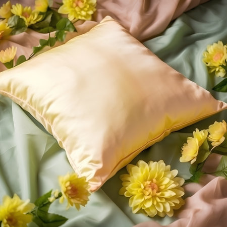 close up of a pillow on a bed with yellow and green flowersの素材