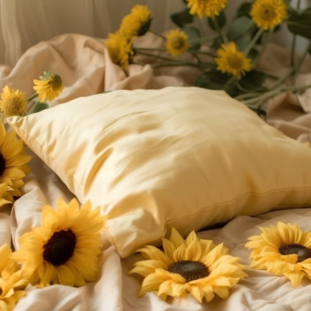 Yellow sunflowers and yellow pillows on a bed in bedroomの素材