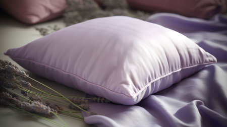 Pillow and lavender on the bed. 3d renderingの素材