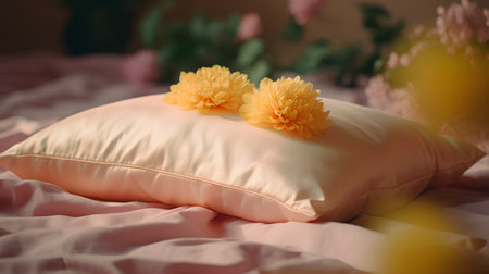 Pillow with yellow flowers on the bed. Selective focus.の素材