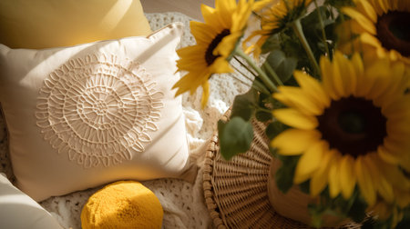 Bouquet of sunflowers on a wicker basket. Cozy home concept.の素材