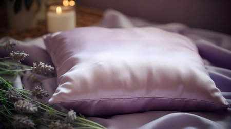Lavender pillow on the bed with burning candle in the backgroundの素材