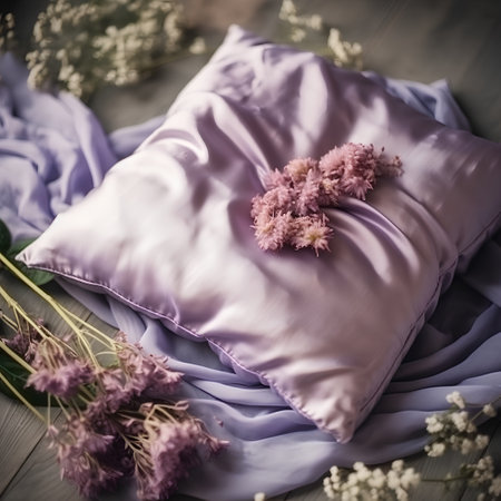 pink pillows and flowers on a wooden background, soft focusの素材