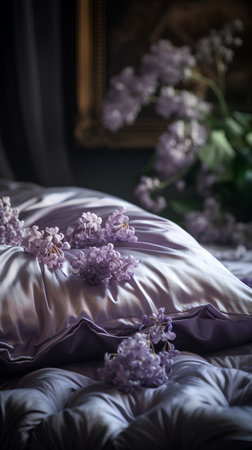 Lilac flowers on the bed in the bedroom. Dark tone.の素材