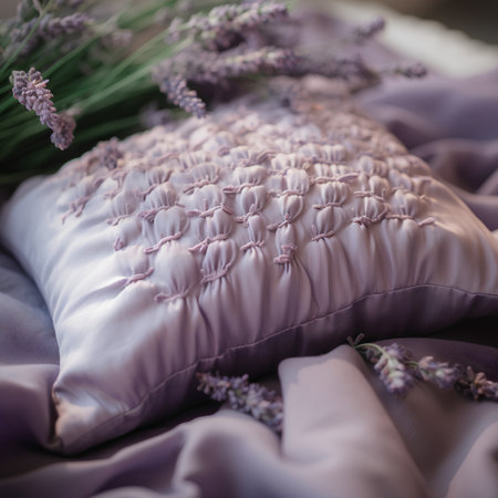 Bouquet of lavender flowers on the bed. Selective focus.の素材