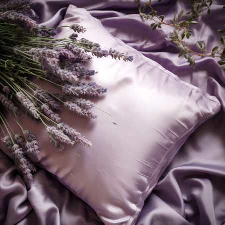 Lavender flowers on a purple satin background. Toned.の素材