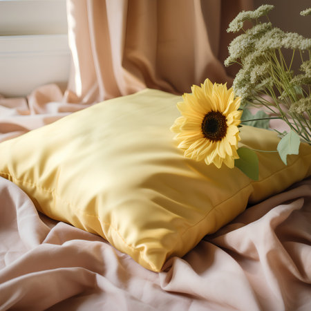 Yellow pillow with sunflower on the bed in the morning, vintage toneの素材