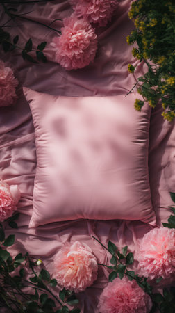 Cushion and flowers on pink fabric background. Flat lay, top view.の素材