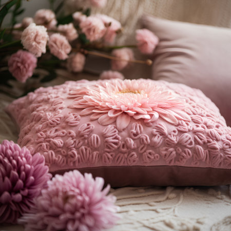 Beautiful pink pillows on a bed with a bouquet of flowersの素材