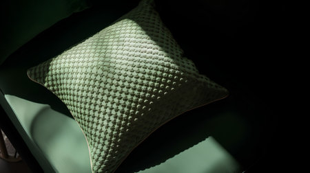 Green pillow on a chair in the interior, close-up.の素材