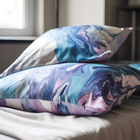 Colorful pillows on a bed in the morning, close-upの素材
