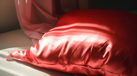 Red satin fabric on the bed in the room. Soft focus.の素材
