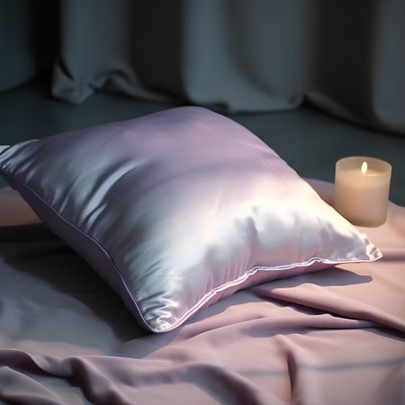 pillow and candle on the bed in the room at nightの素材