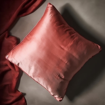 Red pillows on a gray background with a red silk draperyの素材