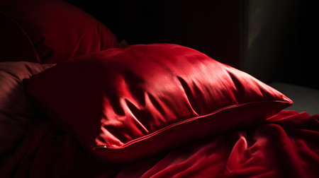 Red pillow on the bed in the dark room, close-upの素材