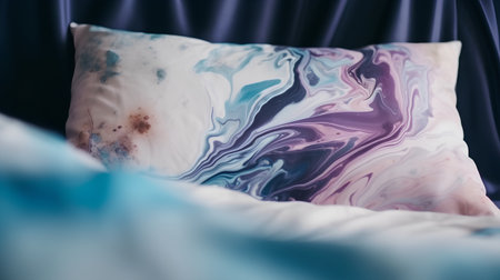 Pillow on the bed with blue and white abstract background.の素材