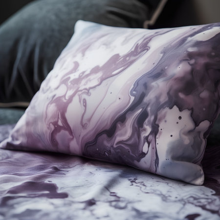 Close-up of a pillow on a bed with a blurred backgroundの素材