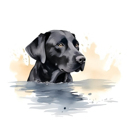 Illustration of a black labrador retriever puppy in water.の素材
