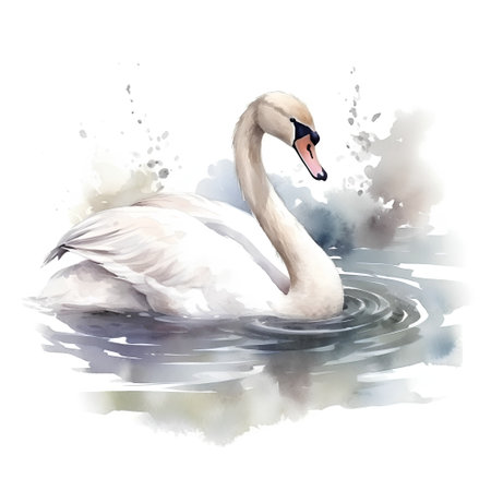 Watercolor illustration of a white swan swimming in the lake.の素材
