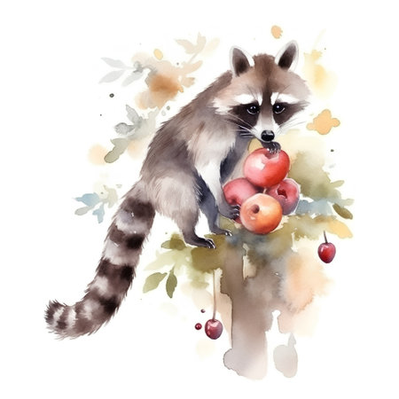 Watercolor raccoon with apples. Hand painted illustration on white background.の素材
