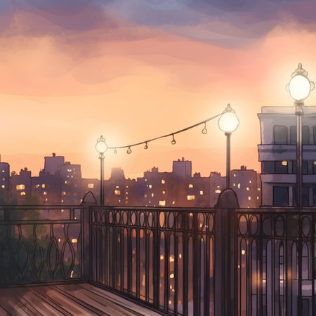 Illustration of a balcony overlooking the city at sunset with lanternsの素材