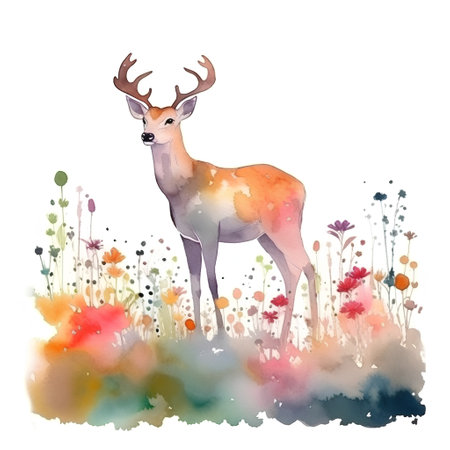 Watercolor illustration of a deer on a meadow with flowers.の素材