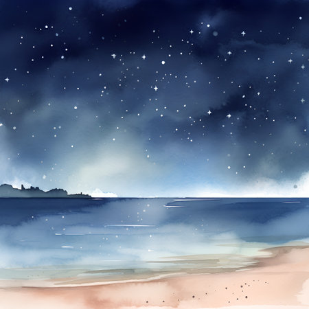Watercolor seascape with starry sky. Hand drawn illustrationの素材