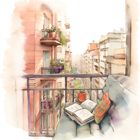 Hand drawn watercolor sketch of a cozy balcony with a book and a cup of coffeeの素材