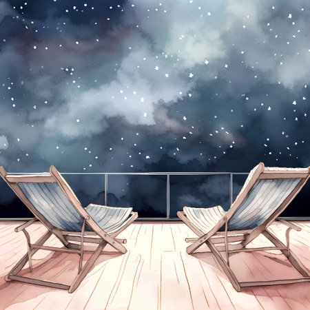 Illustration of deck chairs on the terrace in the night.の素材