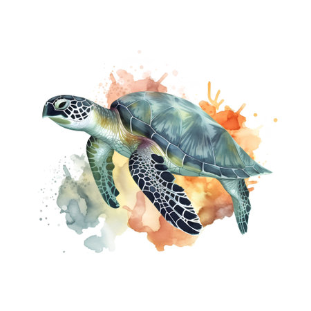 Watercolor illustration of a sea turtle on a watercolor background.の素材