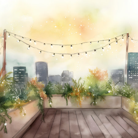Watercolor illustration of a terrace with a view of the cityの素材