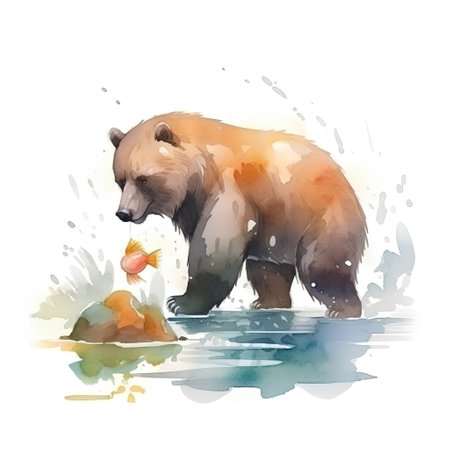 Watercolor illustration of a brown bear with a fish in its mouthの素材