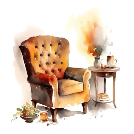 Hand drawn watercolor illustration of a cozy armchair with a cup of coffeeの素材