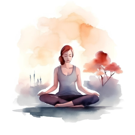 Illustration of a woman meditating in lotus pose on nature backgroundの素材
