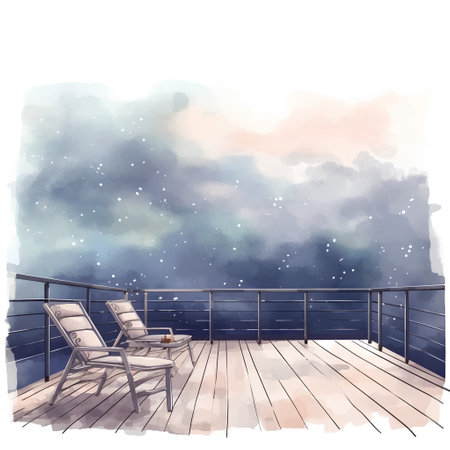 Wooden deck on the background of the night sky. Vector illustration.の素材