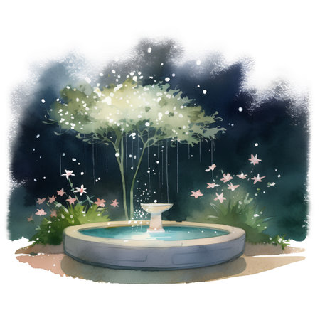 Watercolor illustration of a fountain in a park at night. Vector illustration.の素材