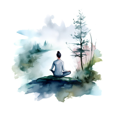 Watercolor illustration of a woman meditating in lotus position on a lakeの素材