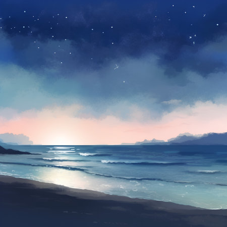 Illustration of a seascape at sunset with starry skyの素材