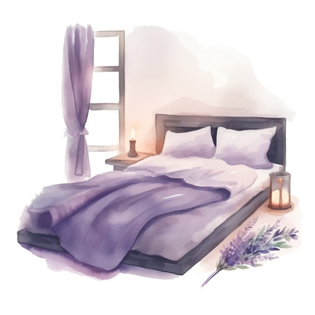 Watercolor illustration of a bedroom interior with a bed, a window, a bedside table and a lavender.の素材