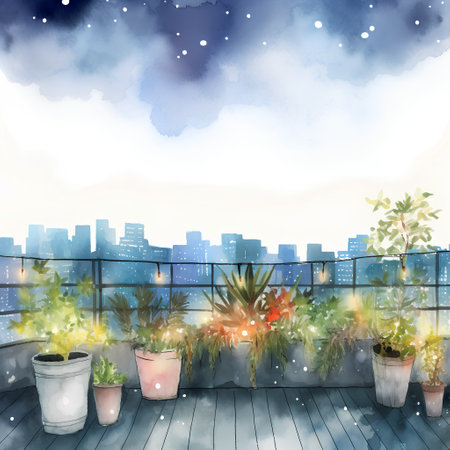 Watercolor terrace with flowers in pots. Hand drawn illustration.の素材