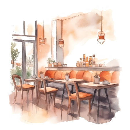Watercolor sketch of a cafe interior. Hand-drawn illustration.の素材