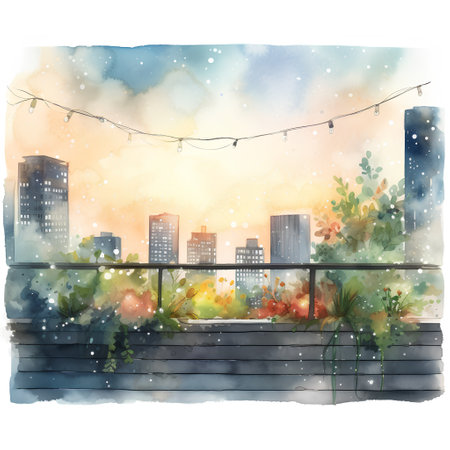 Watercolor urban landscape with skyscrapers and trees. Hand drawn illustrationの素材
