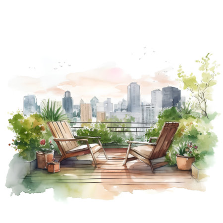Watercolor terrace with deck chairs and view of the city.の素材