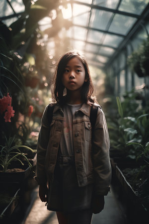 Portrait of a cute little Asian girl with backpack in a greenhouseの素材