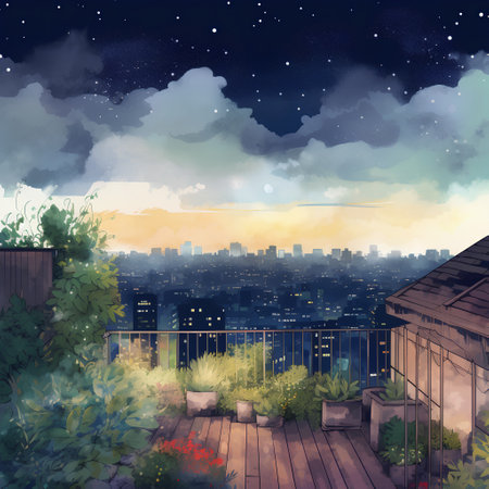 Beautiful view of the night city from the terrace. Illustrationの素材