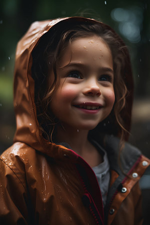 Portrait of a smiling little girl in a raincoat on a rainy day.の素材
