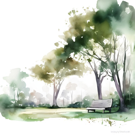 Watercolor landscape with a bench in the park. Vector illustration.の素材