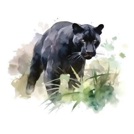 Watercolor image of a black panther on a white background.の素材
