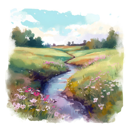 Watercolor summer landscape with river and meadow. Vector illustration.の素材