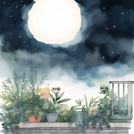 Watercolor illustration of a terrace with plants and a moon.の素材